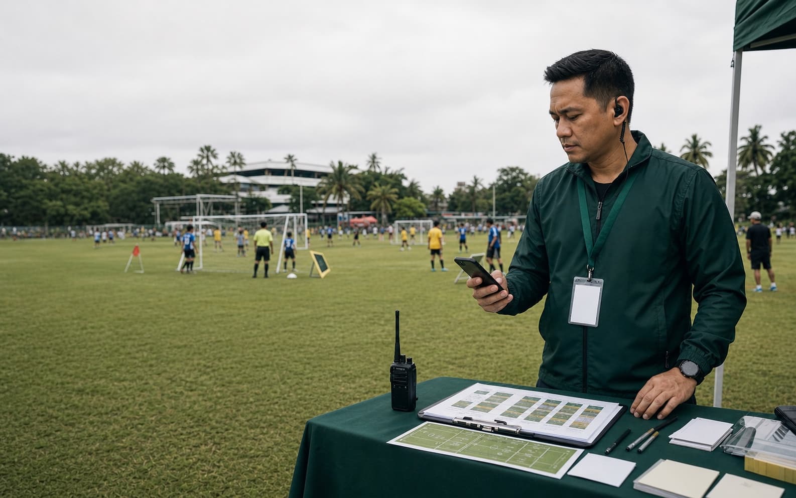A grassroots tournament organizer using a phone beside several youth football pitches