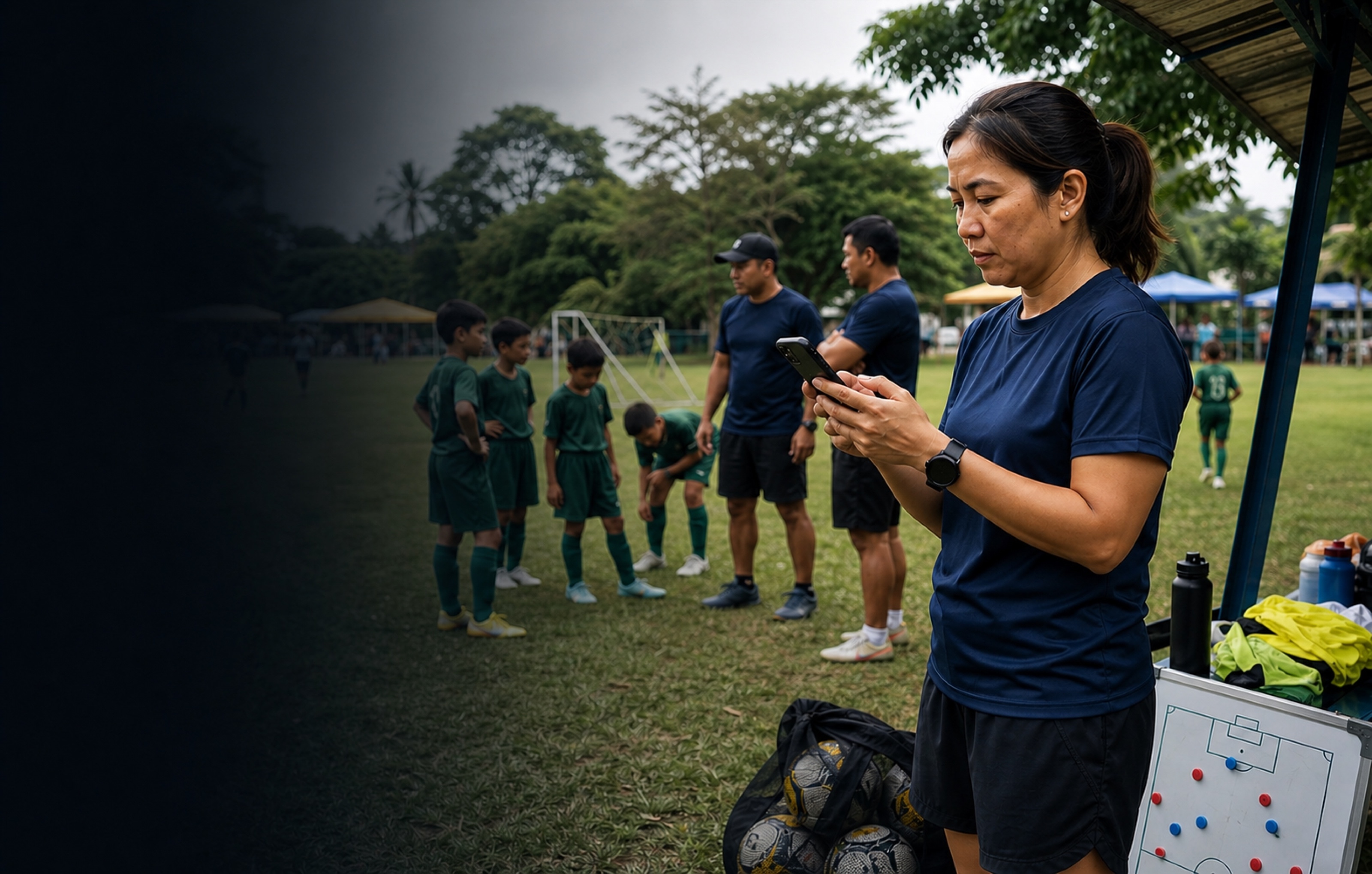A Filipino football coach checking her team on a phone beside the bench