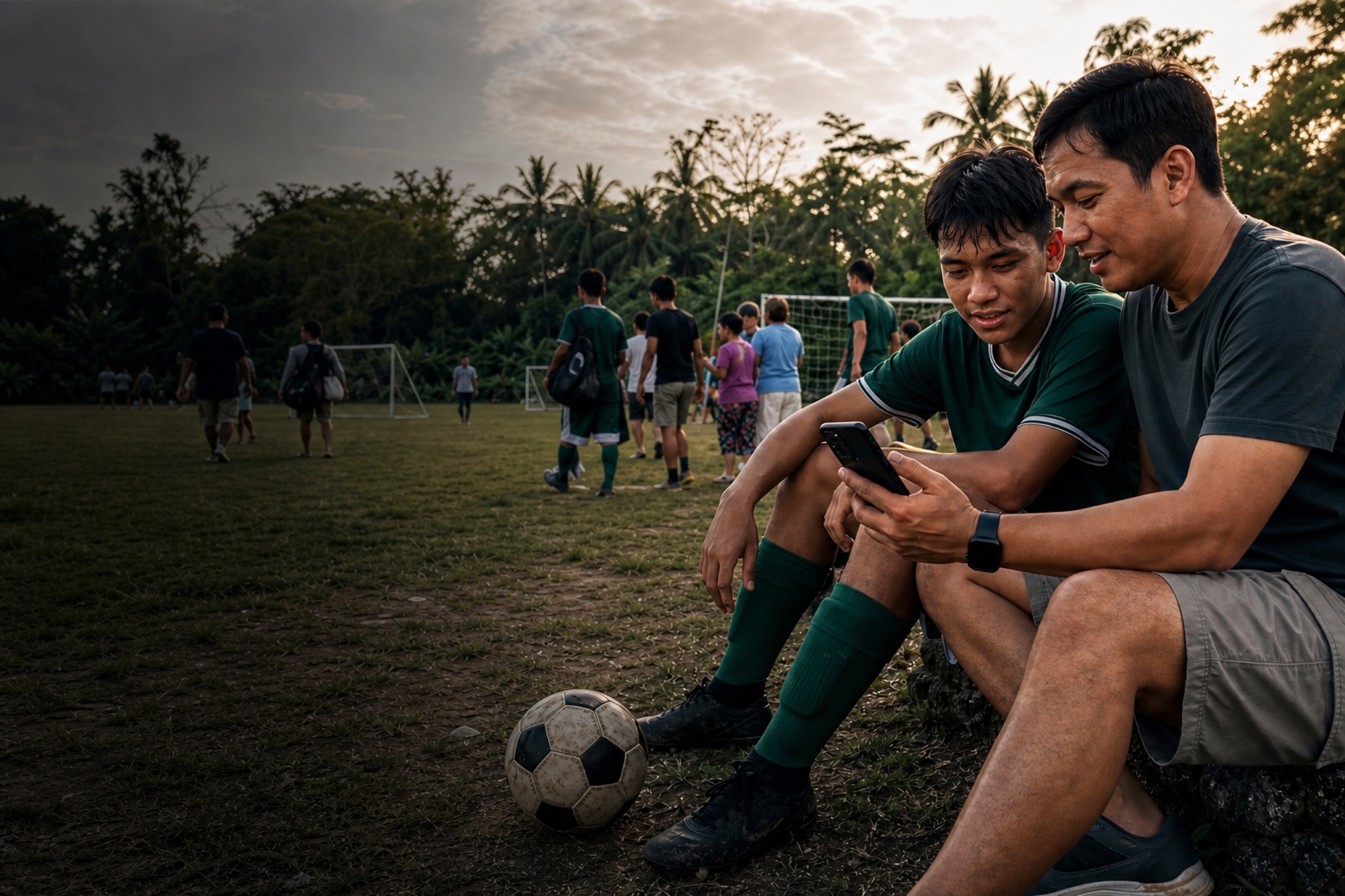 A Filipino player and parent looking at the player's football record together