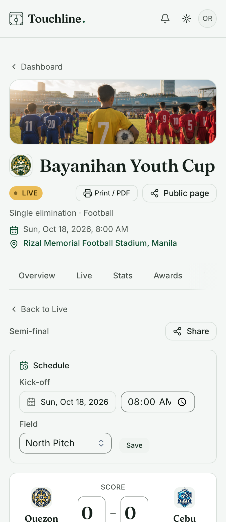 Recording the score: Makati United 2, Quezon City Athletic 1, then Save result
