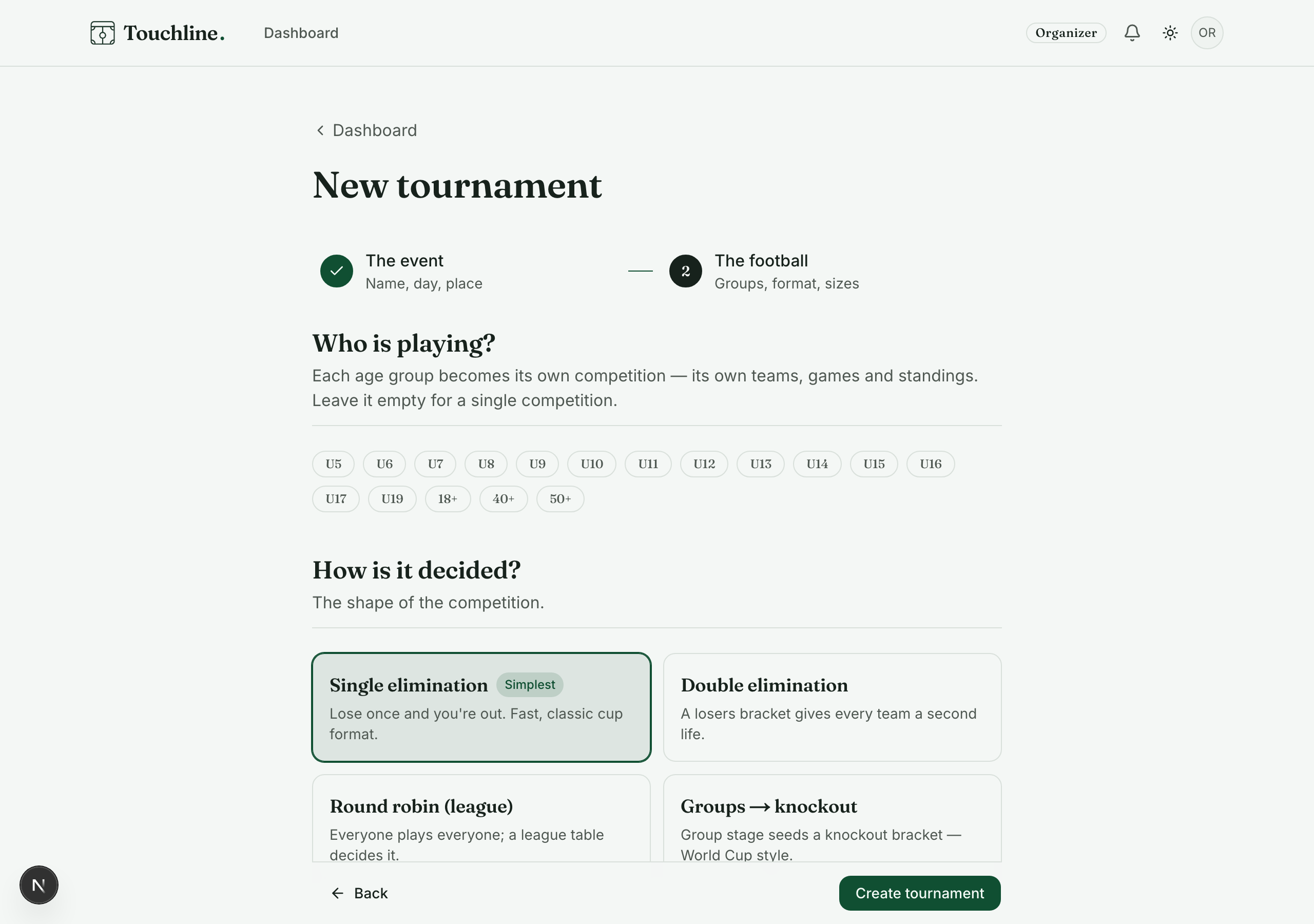 Choosing a format and adding fields in the Touchline tournament wizard