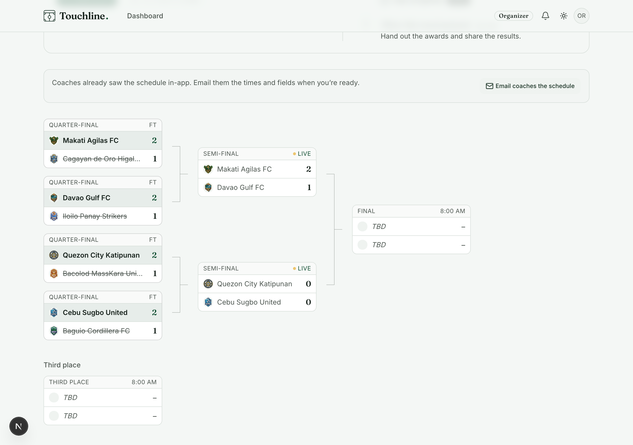 A Touchline knockout bracket with winners advancing from the group stage