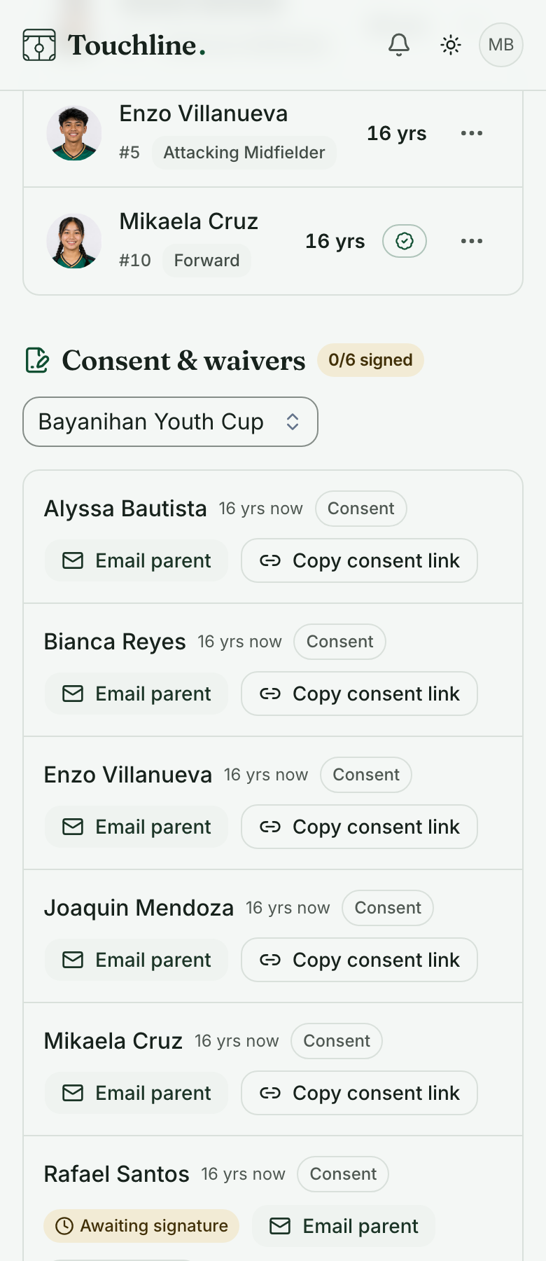 The consent list, showing nought of six signed and a link to send each parent