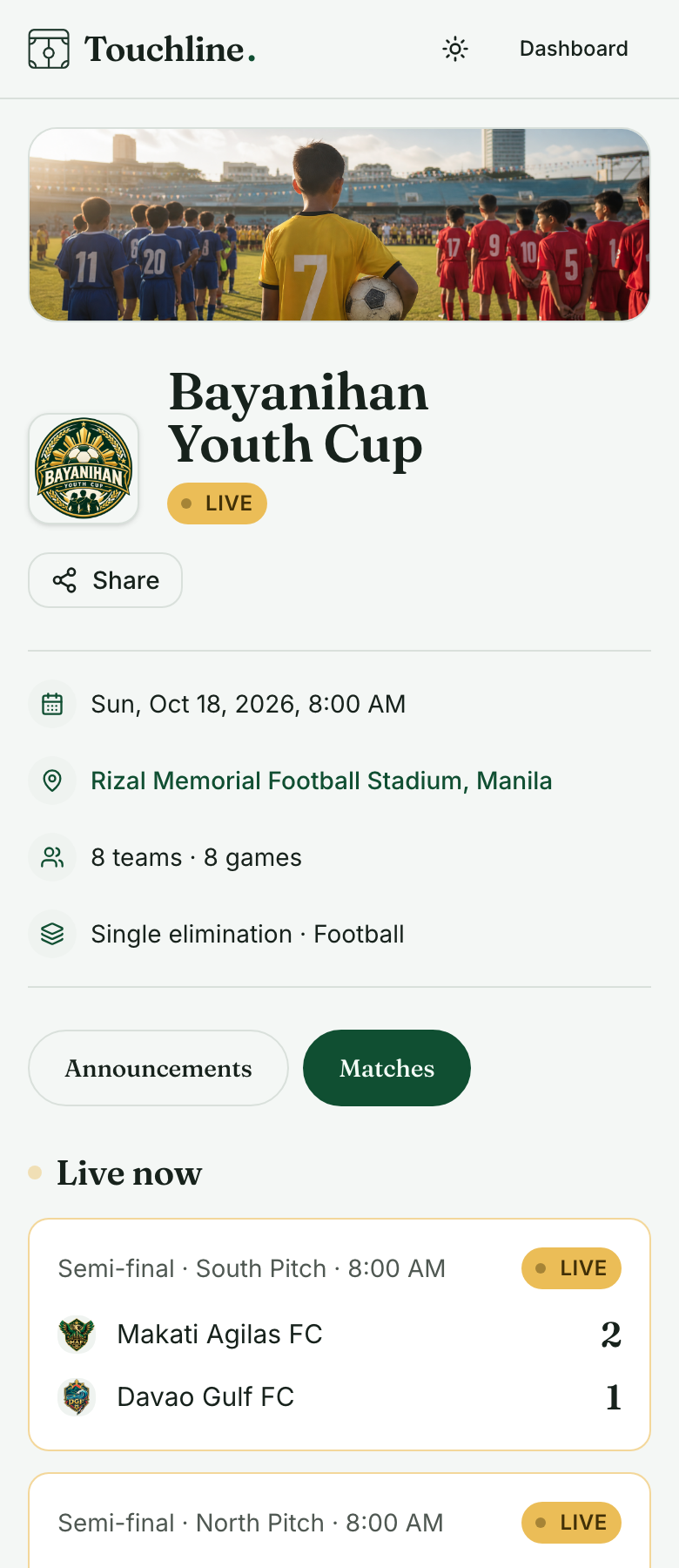 What a parent opens: the event name, date, venue and how many teams